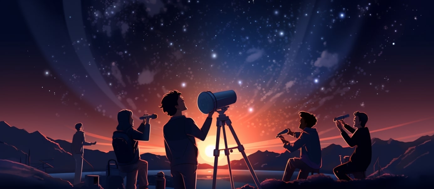 AstronEra team page hero image, cartoon of astronomers looking at the stars